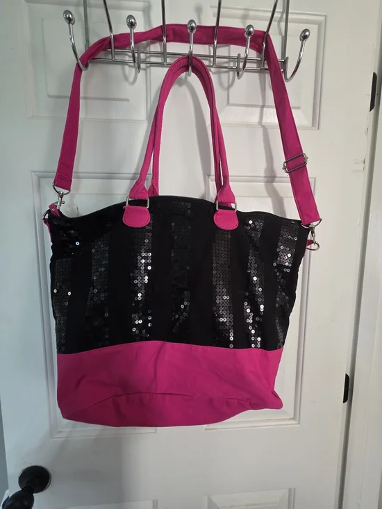 Victoria's Secret Black & Hot Pink Sequin Tote with Pink Accents - Picture 2 of 3